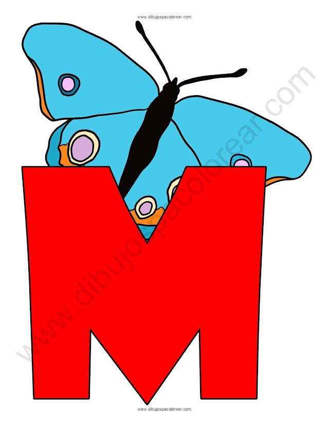 Letra M Mariposa abecedario dibujo a color y para colorear